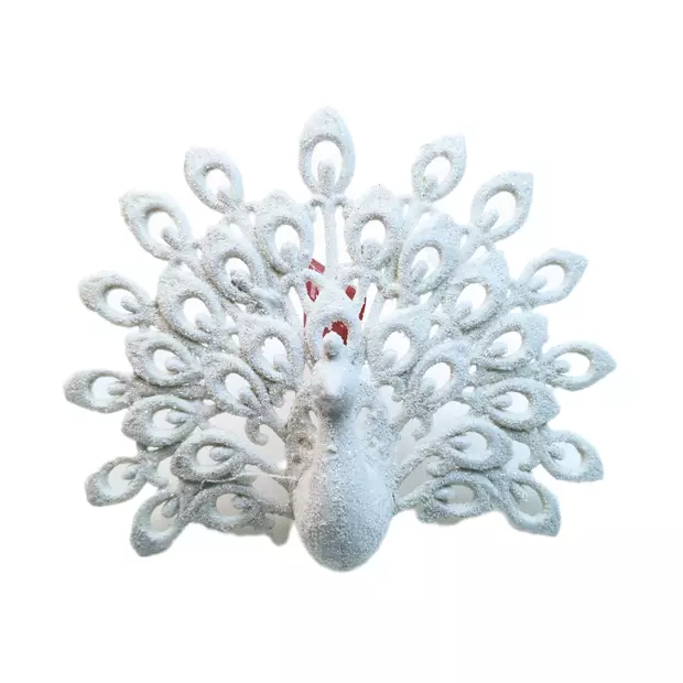Csillogó fehér páva nyitott szárnyú 15x11 cm 
