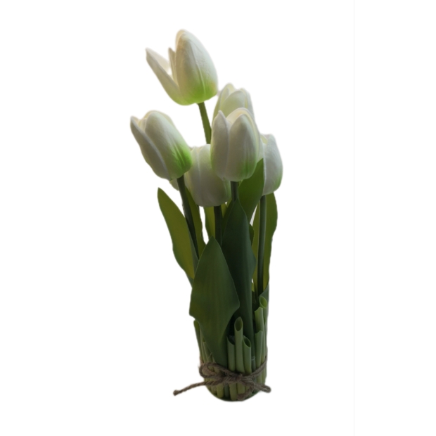 Gumi tulipán talpas 7 szál 30 cm Fehér-zöld