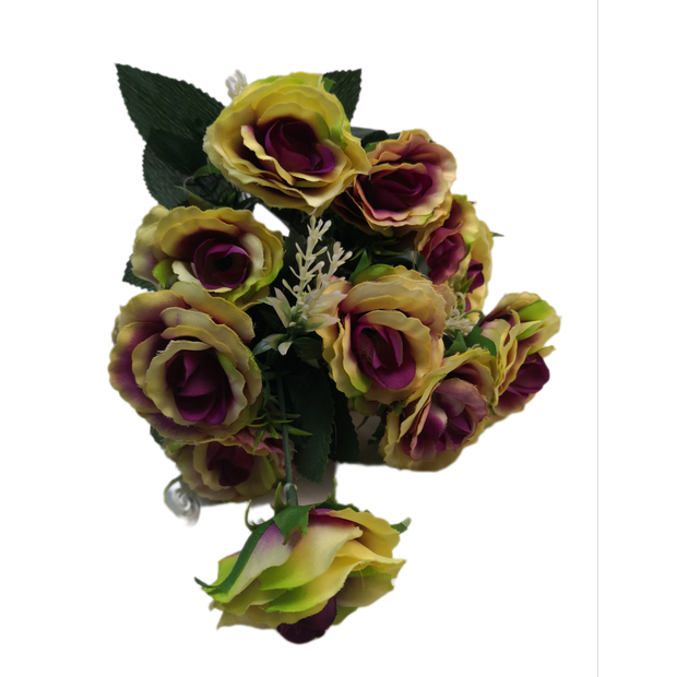 12 fejű 6 cm rózsacsokor Sárga-lila cirmos