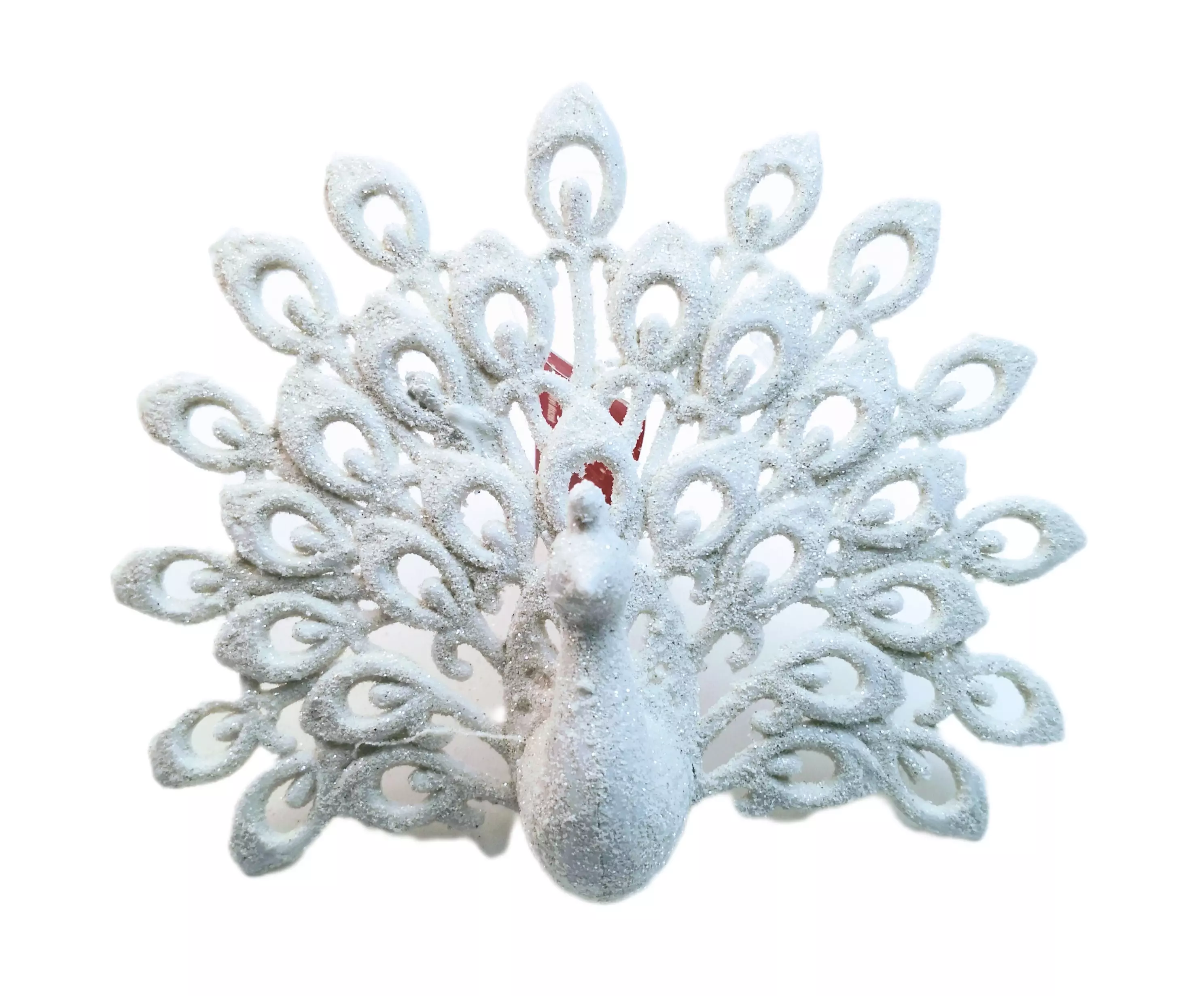Csillogó fehér páva nyitott szárnyú 15x11 cm 