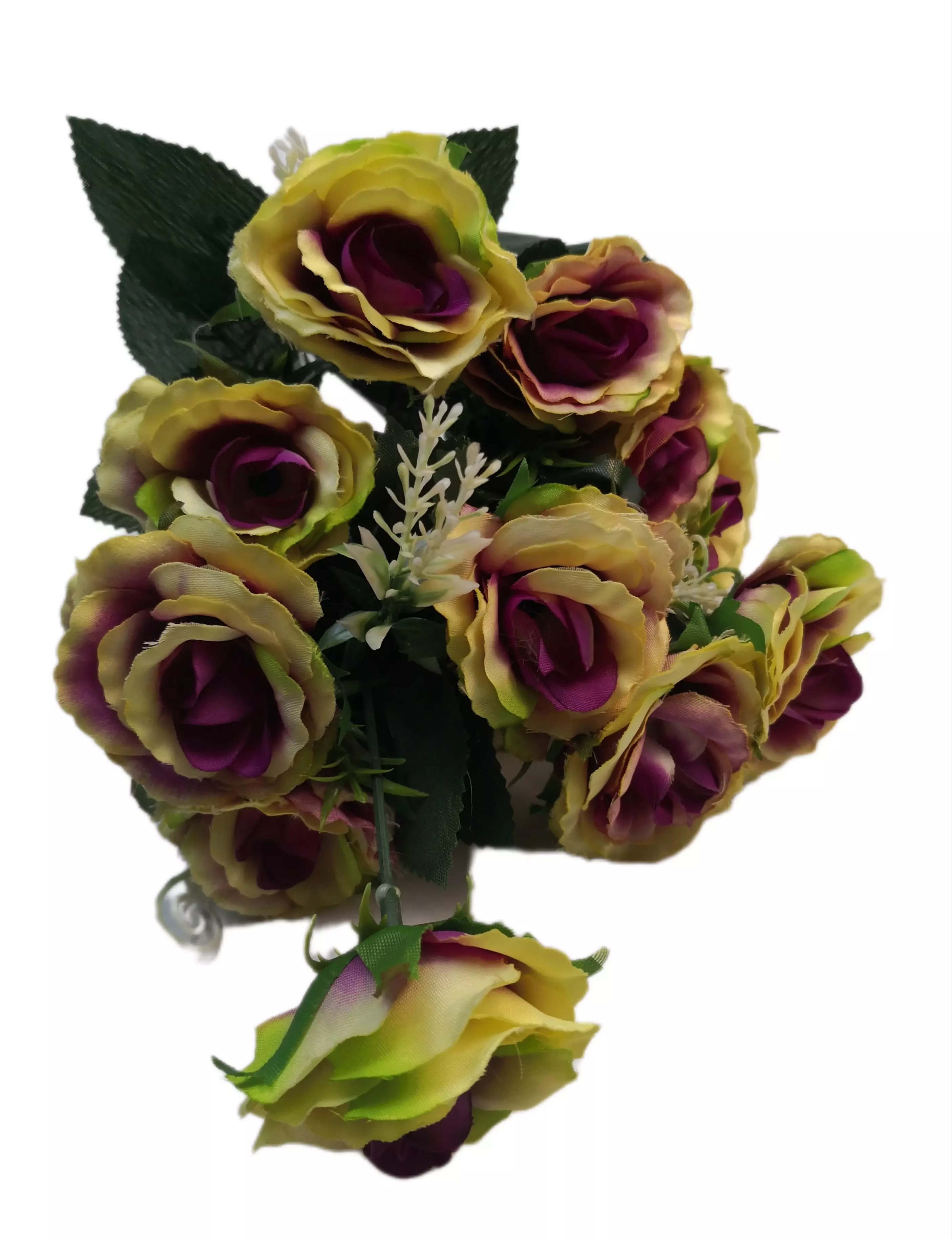 12 fejű 6 cm rózsacsokor Sárga-lila cirmos